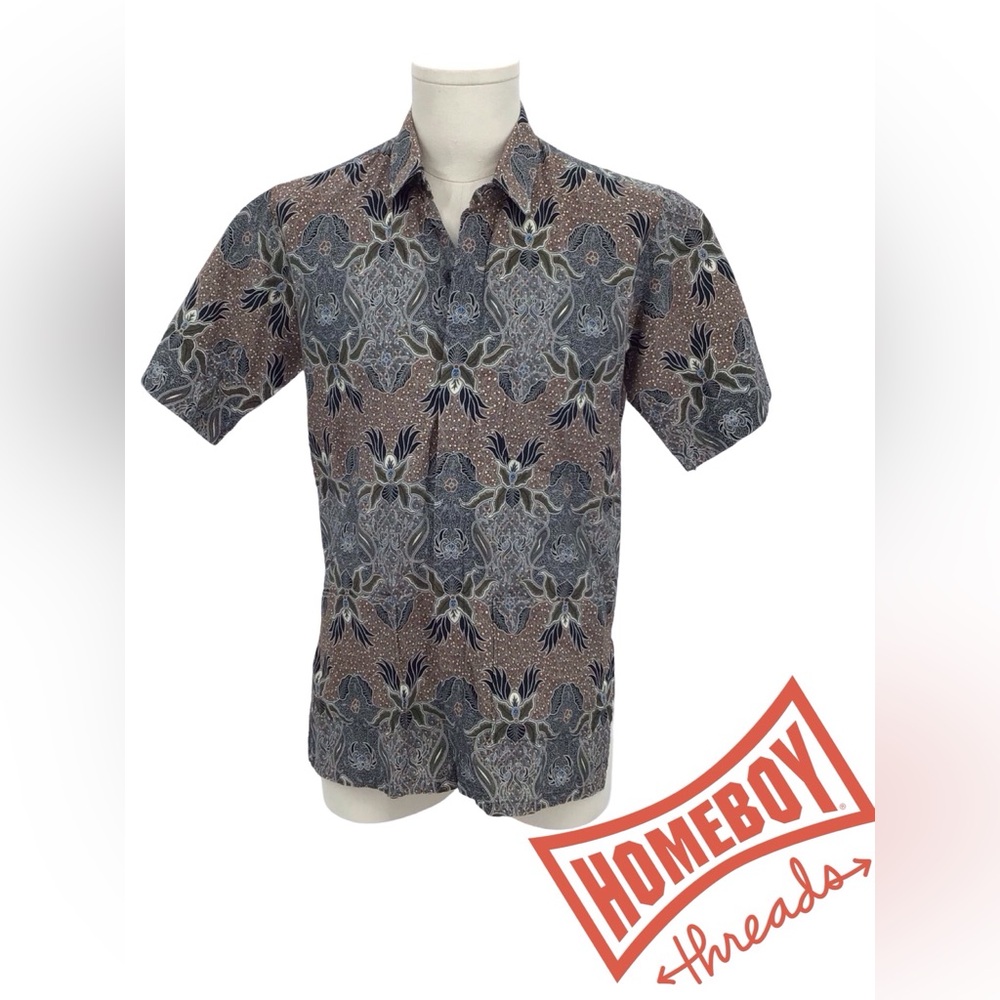 Blue and Brown Casual Button Down Shirt with Geometric Pattern size M